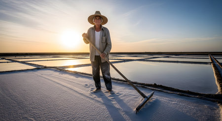 A portrait of an elderly salt farmer standing proudly in a salt pan at sunrise, holding his traditional wooden rake. The golden light reflects on the water-filled flats, highlighting a life of hard work and a traditional method of salt harvesting.の素材