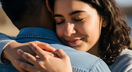 A close-up shot of a young woman with a serene and happy expression, her eyes closed as she embraces a man. The gentle sunlight highlights her face, conveying a deep sense of love, comfort, security, and emotional connection. The image captures a tender and intimate moment between a couple.の素材
