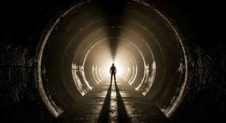 A powerful and symbolic image of a person's silhouette standing in a dark, circular tunnel, looking towards a bright, blinding light at the end. This represents concepts like hope, the afterlife, new beginnings, or facing the unknown.の素材