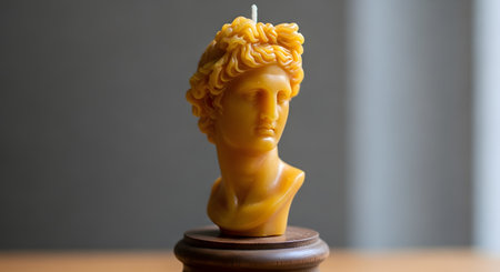 A beautifully crafted beeswax candle in the shape of a classical Greek or Roman bust, possibly Apollo, sits on a wooden stand. The warm, yellow wax and intricate details of the curly hair and facial features are prominent against a neutral background. This object combines classical art with artisanal candle making.の素材