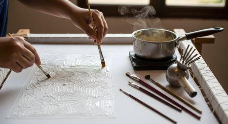 An artist's hands use a paintbrush to apply hot, melted wax onto a piece of fabric stretched on a frame, creating an intricate pattern for batik. Traditional tools like a canting and a pot for heating the wax are visible on the workbench, showcasing the meticulous process of this traditional Indonesian art form.の素材