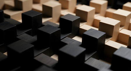 An abstract view of a sound diffuser panel made of black and light-colored wooden blocks of varying heights. This acoustic treatment equipment is used in recording studios to scatter sound waves and improve audio quality.の素材