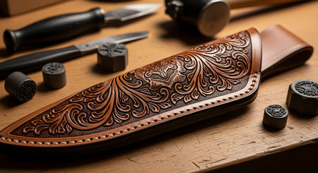 A stunning, custom-made leather knife sheath, featuring intricate hand-tooled floral and animal designs, is showcased on a leatherworker's bench. The piece is surrounded by stamping tools, highlighting the immense skill, artistry, and craftsmanship of traditional leatherwork.の素材