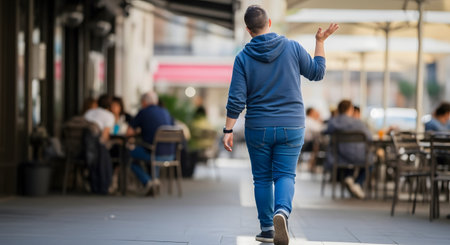 A person wearing a blue hoodie and jeans is captured from behind as they walk away down a city sidewalk. Their hand is raised in a gesture, suggesting they are in conversation, while blurred outdoor cafe patrons sit in the background.の素材