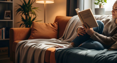 A young woman is relaxing on a comfortable sofa in a cozy, warm-lit living room, engrossed in a book. She is wrapped in a soft blanket, enjoying a quiet and peaceful moment of leisure and self-care. The scene represents tranquility, comfort, and the joy of reading.の素材