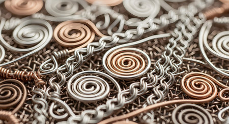 A detailed macro photograph of intricate wire work, showcasing a mix of silver and copper wires. The wires are expertly twisted, coiled into spirals, and woven into chain-like patterns, highlighting the artistry and precision of handmade jewelry making.の素材
