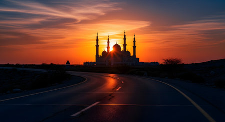 The magnificent silhouette of a grand mosque, with its domes and minarets, is captured against a breathtakingly vibrant orange sunset. A winding road in the foreground leads toward the Islamic landmark, symbolizing a spiritual journey.の素材