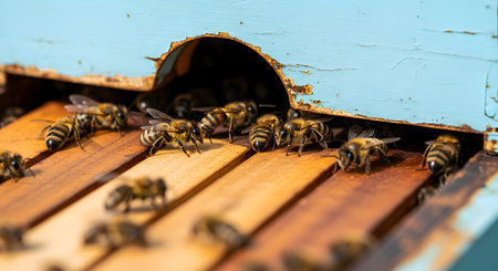 A macro view of numerous honey bees clustered at the entrance of a weathered, light-blue wooden beehive. The bees are actively moving in and out of the hive, showcasing the busy life of a bee colony in an apiary.の素材