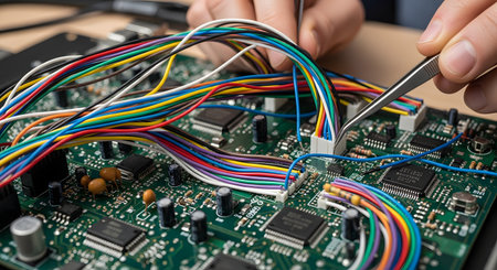 A close-up of an electronics technician's hands using tweezers to meticulously connect a ribbon of colorful wires to a printed circuit board. The image showcases the complexity and precision involved in electronics repair, assembly, and engineering.の素材