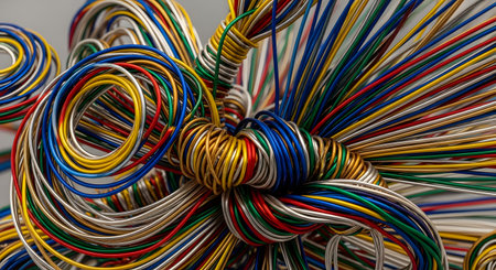 A macro, abstract view of a complex bundle of multi-colored electrical wires, coiled and intertwined. The vibrant mix of red, blue, yellow, and silver cables represents technology, connectivity, data transfer, and the complexity of modern networks.の素材