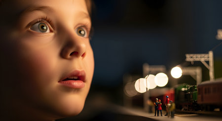 A close-up shot of a young boy's face, his eyes wide with wonder and amazement as he watches an illuminated miniature model train set. The image perfectly captures the magic of childhood, imagination, and the joy of playing with toys.の素材