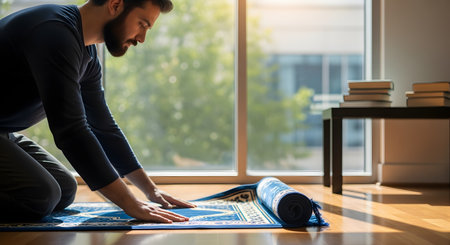A bearded Muslim man is shown from the side as he kneels on a wooden floor and unrolls a blue prayer rug in a sunlit room. He is preparing for Salah, the daily Islamic prayer, at home near a large window. The scene depicts a moment of quiet devotion, faith, and religious practice.の素材