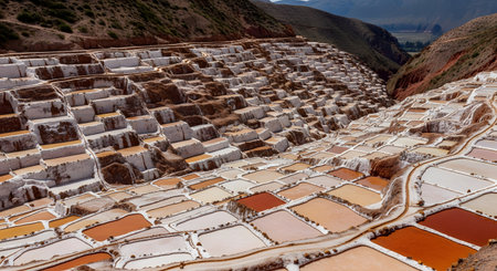 A breathtaking panoramic view of the ancient Maras salt mines (Salineras de Maras) in the Sacred Valley of the Incas, Peru. Thousands of terraced, geometric salt evaporation ponds, in various shades of white, pink, and brown, cascade down a steep mountainside. This remarkable pre-Inca site showcases a traditional and stunning method of salt harvesting.の素材