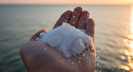 A close-up of a hand holding a mound of coarse natural sea salt crystals against the beautiful backdrop of the ocean at sunset. The image is perfect for themes of wellness, natural ingredients, gourmet cooking, and spa treatments.の素材