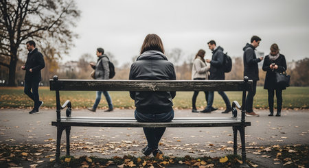 A woman sits alone on a park bench, viewed from behind, creating a sense of anonymity and solitude. In the background, people walk past in the autumn park, highlighting themes of loneliness, contemplation, and being an observer in a busy world.の素材