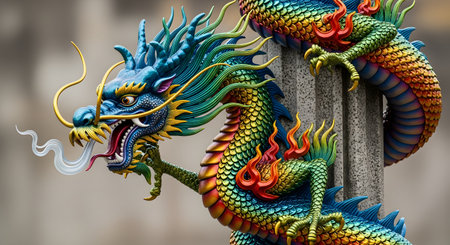 A close-up of a vibrant and intricately detailed traditional Chinese dragon statue. The mythical creature, with its colorful scales in shades of blue, green, and gold, is coiled around a pillar, representing power, good fortune, and Chinese culture.の素材