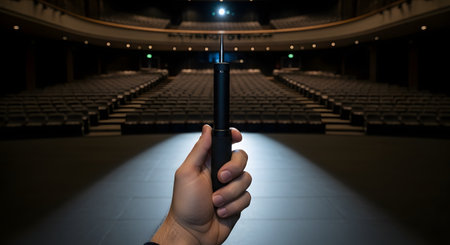 From a first-person perspective, a hand holds a measurement microphone in the spotlight on a stage, pointing towards a large, empty auditorium. This action is part of an acoustic analysis or sound system calibration before a concert or performance. The image conveys the technical preparation involved in live sound engineering.の素材