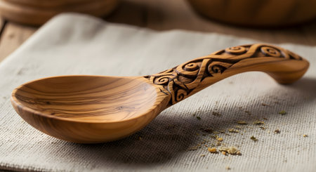 A beautifully handcrafted wooden spoon, likely made from olive wood, rests on a rustic linen cloth. The handle of the spoon is adorned with an intricate, carved design of Celtic or Norse knotwork, showcasing exceptional craftsmanship. The image evokes a sense of tradition, folk art, and natural, rustic kitchenware.の素材