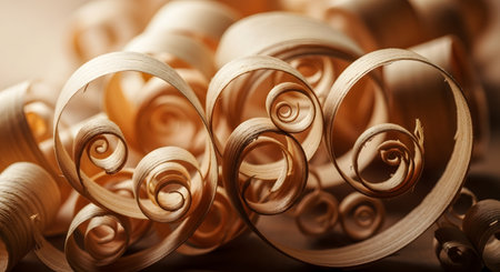 An elegant macro photograph captures the beautiful, delicate curls of thin wood shavings. The intricate spirals create a warm and organic abstract background, representing carpentry, craftsmanship, and natural materials.の素材