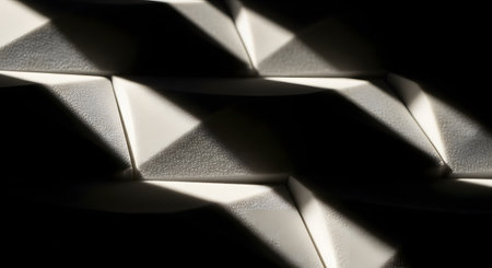 An abstract architectural background featuring geometric, three-dimensional wall panels. The interplay of harsh light and deep shadow creates a dramatic contrast, highlighting the textured, faceted surface. This minimalist and modern design evokes a sense of depth and contemporary style.の素材