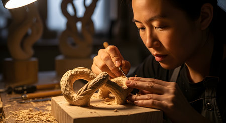 A focused female Asian artist works under a lamp in her studio, using a precision tool to carve intricate details into a wooden snake sculpture. The image captures the intense concentration and skill of a dedicated craftswoman at her workbench.の素材