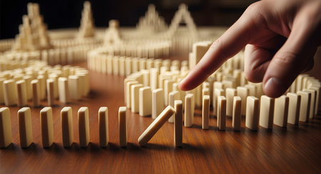 A close-up of a finger about to topple the first domino in an elaborate and complex setup on a wooden table. This image powerfully visualizes concepts like cause and effect, chain reaction, strategy, and the beginning of a significant event.の素材