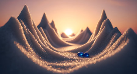 A surreal and beautiful landscape depicts soft, rolling dunes made of a granular substance, glowing in the warm light of a setting sun. Two small, mysterious blue gems rest in a valley, creating a dreamlike and magical abstract scene.の素材