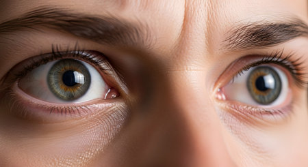An intense extreme close-up of a woman's wide-open eyes, expressing shock, fear, or surprise. Her green and hazel irises are fully visible, and the furrowed brow and tense skin around the eyes convey a strong emotion of panic or anxiety. The sharp focus captures every detail of the eyes and eyelashes.の素材