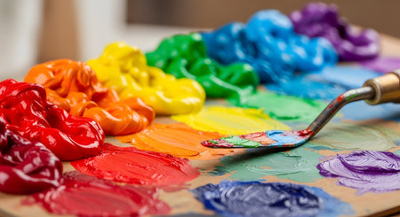 An artist's palette holds thick dabs of vibrant oil or acrylic paint arranged in a rainbow spectrum, from red to purple. A palette knife rests on the mixed colors, ready for creating textured artwork, representing creativity, inspiration, and the artistic process.の素材