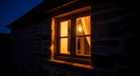 A single glowing lightbulb illuminates the window of a rustic stone house at night. The warm light creates a cozy and inviting atmosphere, contrasting with the dark exterior and deep blue evening sky.の素材