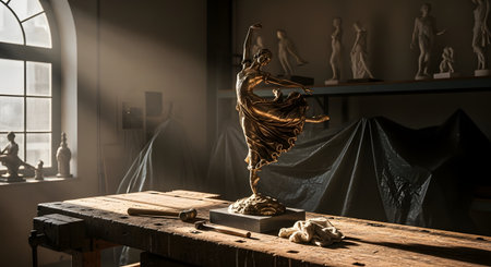 A beautifully crafted bronze sculpture of a female ballet dancer is displayed on a rustic wooden workbench in an artist's studio. Sunlight streams through a nearby window, casting dramatic light and shadows on the statue and surrounding tools. In the background, other sculptures are visible on a shelf, adding to the creative atmosphere.の素材