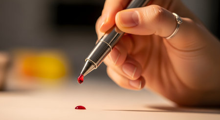 A macro shot focuses on a person's hand holding a silver pen, with a single drop of red ink about to fall from the nib onto a white surface. Another red ink drop has already landed, creating a small pool. The image conveys concepts of writing, creativity, precision, or can be used metaphorically.の素材