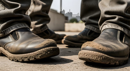 A low-angle, close-up shot of several pairs of dirty and worn leather work boots on a concrete surface. In the background, the silhouette of an industrial factory is visible, suggesting themes of manual labor, construction, and blue-collar work.の素材