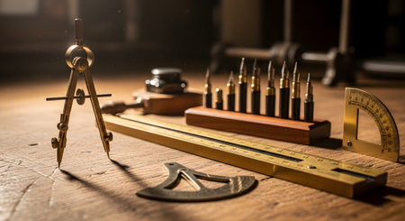 A collection of vintage brass drafting and measuring tools elegantly arranged on a rustic wooden desk. The set includes a compass, protractor, and ruler, all illuminated by a warm, focused light, evoking a sense of precision, craftsmanship, and classic engineering.の素材