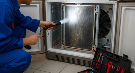 A service technician in blue coveralls crouches to inspect the dusty condenser coils at the back of a refrigerator. He uses a flashlight to illuminate the area and points to a specific spot, with his toolbox open on the floor nearby.の素材