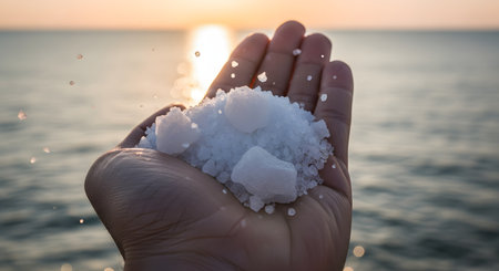 A person's hand holds a pile of large, coarse sea salt crystals. In the background, a beautiful sunset reflects on the calm ocean water, creating a warm and natural atmosphere. Small salt particles are captured in mid-air, suggesting movement.の素材