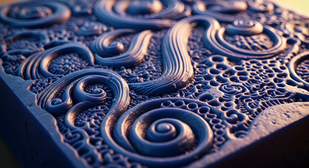 A macro photograph of an ornate, textured surface, possibly a bar of artisanal soap or a block of clay. The deep blue material is covered in intricate, embossed patterns of swirls, curls, and textures, creating a visually complex and artistic design. The lighting highlights the depth and detail of the relief.の素材
