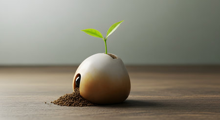A small green sprout with two leaves emerges from the top of an eggshell, which serves as a tiny planter on a wooden surface. Soil spills from a hole on the side, symbolizing new life, growth, potential, and fragile beginnings. The minimalist composition highlights concepts of nature, hope, and innovation.の素材