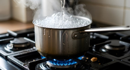 A stainless steel pot filled with water is at a rolling boil on a gas stove, with vigorous bubbles and steam rising. More water is being poured into the pot, splashing into the hot water. The blue flames of the gas burner are visible underneath, illustrating the process of cooking in a kitchen.の素材