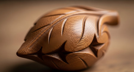 A macro shot captures the intricate details of a skillfully carved wooden leaf. The smooth finish highlights the natural grain and texture of the wood, showcasing fine craftsmanship. The object rests on a warm, wooden surface with a shallow depth of field.の素材