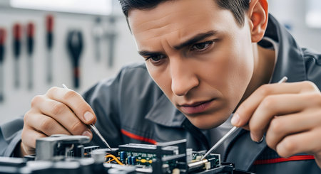 A close-up shot of a concentrated male engineer or technician meticulously repairing a piece of complex electronic hardware. He uses precision tools to work on the circuit board, demonstrating expertise, focus, and detailed technical work.の素材