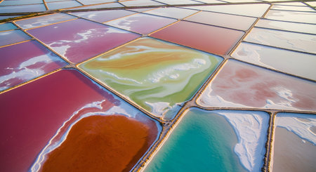 An aerial drone shot captures a stunning abstract pattern of commercial salt evaporation ponds. The geometric pans are filled with water in vibrant shades of pink, red, green, and turquoise, creating a colorful patchwork landscape. The white salt crust outlines each section, highlighting the industrial process of salt production.の素材