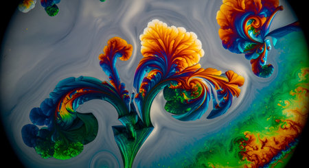 A mesmerizing abstract background featuring vibrant, psychedelic patterns that resemble flowers or fractals. Swirls of blue, yellow, green, and orange create a dynamic and colorful fluid art composition. The image evokes creativity, fantasy, and microscopic beauty.の素材