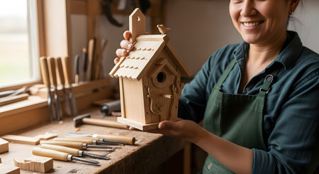 A happy craftswoman in a green apron smiles proudly as she holds up a beautifully detailed, handmade wooden birdhouse in her workshop. The scene is filled with woodworking tools, celebrating the joy of DIY projects, creativity, and accomplishment.の素材