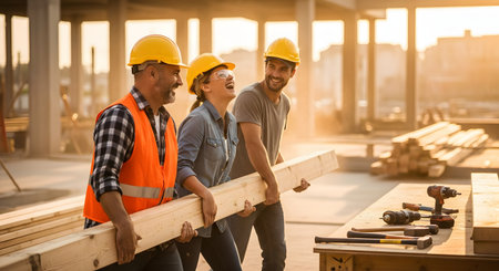Three happy construction workers, including a woman, collaborate to carry a heavy wooden plank at a building site. Dressed in hard hats and safety gear, they are all smiling and laughing, showcasing positive teamwork and morale. The scene is bathed in the warm, golden light of the late afternoon sun.の素材