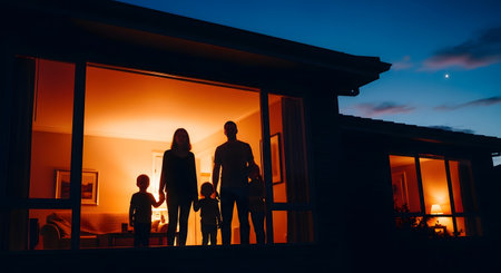 A silhouette of a family of five stands inside their warmly lit home, looking out a large window at dusk. The warm orange glow from inside contrasts with the deep blue twilight sky, creating a feeling of family unity, safety, and home.の素材