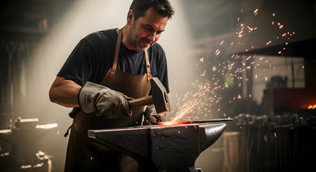 A skilled blacksmith wearing a leather apron and protective gloves hammers a glowing hot piece of iron on an anvil. Sparks fly brilliantly in the dimly lit workshop, capturing the intense heat and physicality of this traditional craft.の素材