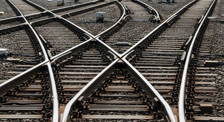 A high-angle view of a complex railway junction with multiple tracks crossing and diverging. The intricate network of steel rails and switches on a gravel bed symbolizes choices, complexity, strategic planning, and different paths in a journey.の素材