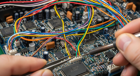 A close-up of an electronics technician's hands using a soldering iron and tweezers to precisely work on a complex printed circuit board (PCB). The image highlights the detailed and skilled nature of electronic repair, assembly, and engineering.の素材