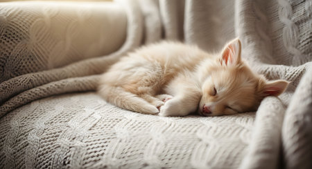 An adorable, fluffy cream-colored kitten is curled up and sleeping peacefully on a soft, cozy cable-knit blanket. Gentle sunlight streams in, creating a warm and serene atmosphere, highlighting the kitten's innocence and comfort.の素材